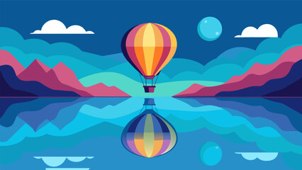 Fototapeta premium A colorful hot air balloon floats above the lake its reflection shimmering in the water as the person inside reflects on their past and envisions.