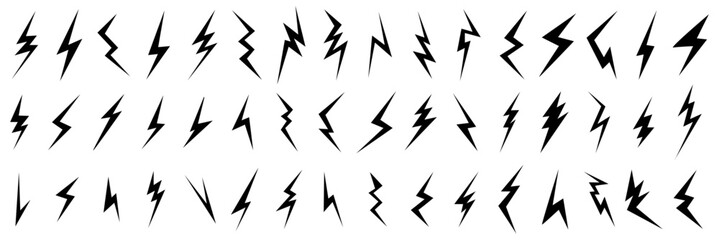 Lightning bolt icons set. Black flash symbol, thunderbolt vector illustration. Simple lightning strike sign collection