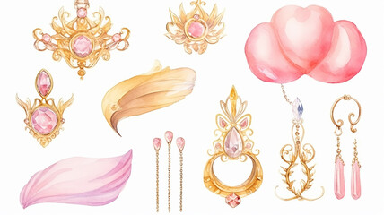 Naklejka premium A set of pink icons of royal jewelry on a white background