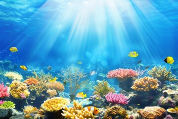 A mesmerizing underwater scene reveals a colorful coral reef bustling with a diverse array of fish species swimming gracefully amidst the vibrant marine ecosystem.