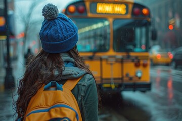 A girl wearing a blue hat and a yellow backpack is walking in front of a school bus. The girl is looking at the bus as she walks by
