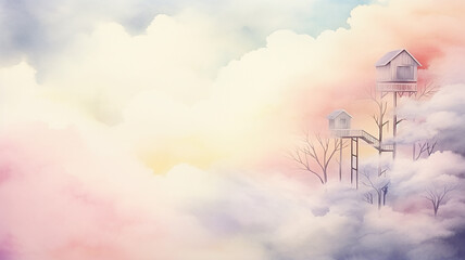 A tree house among the clouds, a watercolor postcard background