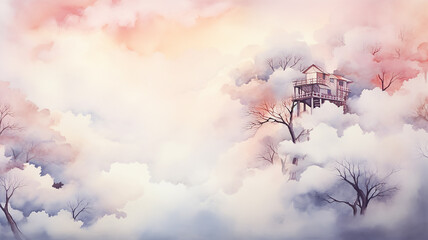 A tree house among the clouds, a watercolor postcard background