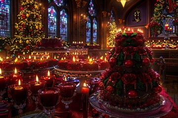 A grand Christmas tree stands tall in a church, glowing in the warm light of candles surrounding it.