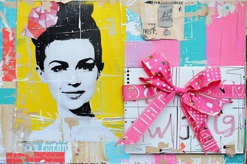 A vintage icons face adorns a colorful collage with a playful pink ribbon, exuding celebration.