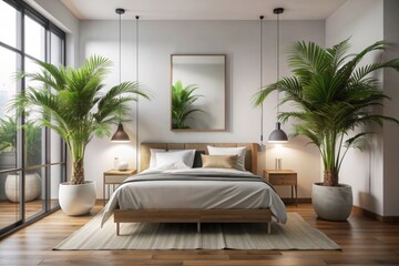 Modern minimal home interior design. Tropical palm tree, bed with white bed linen, mirror, side lamp. 