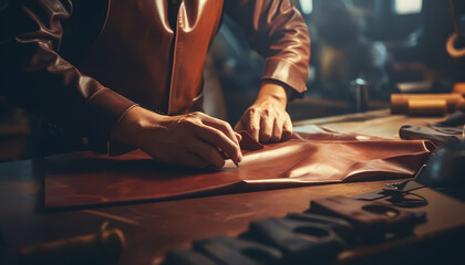 Master tanner sews a product from genuine leather - Powered by Adobe