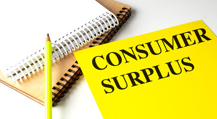 CONSUMER SURPLUS text on yellow paper with notebooks