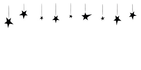 Background, garland, decoration on the upper edge of hanging black stars. Seamless pattern on theme of space, dreams, holidays, kids design
