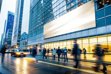 A group of people strolling down a city street flanked by towering buildings, immersed in the urban landscape.
