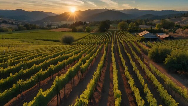Rows of grape vines stretch to the horizon, with mountains in the distance. AI.