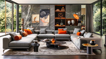 Modern Living Room with Elegant Sofa and Stylish Decor, Contemporary Architecture, Comfortable Space