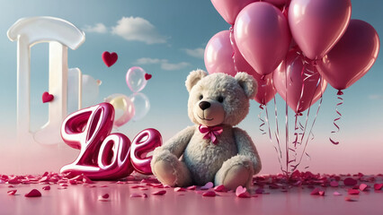 Lovely white teddy bear with beautiful pink roses on pink background
