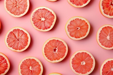 Pattern of fresh sliced grapefruits on pink background