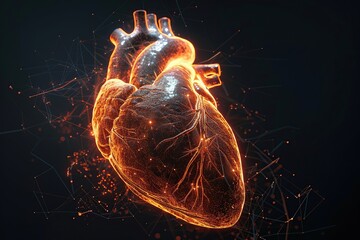 3D rendering of holographic human heart on dark background