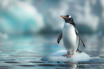 Naklejka premium Penguin on a floe drifting through ocean