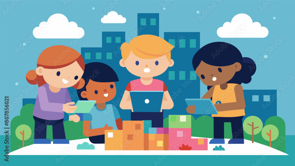 Poster in a rainy day activity a group of children worked together to design and build a virtual town using