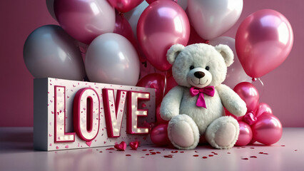 Lovely white teddy bear with beautiful pink roses on pink background
