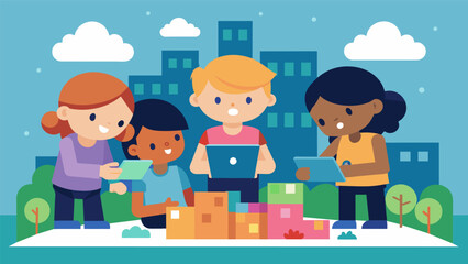 In a rainy day activity a group of children worked together to design and build a virtual town using a tabletbased platform.. Vector illustration