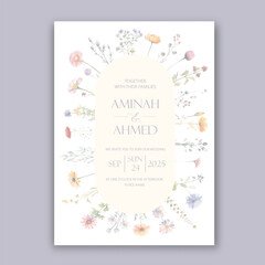 Beautiful wild herbs and flowers arch frame background for wedding invitation.
