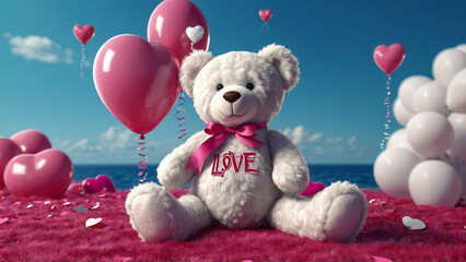 Lovely white teddy bear with beautiful pink roses on pink background
