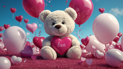 Lovely white teddy bear with beautiful pink roses on pink background
