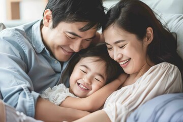 Fototapeta premium people and family concept - happy smiling girl with mother hugging on sofa at home. Beautiful simple AI generated image in 4K, unique.