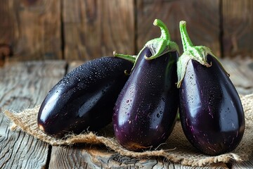 Fresh eggplants with sackcloth on wooden table