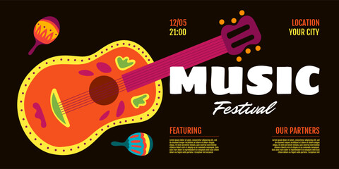 Music festival show horizontal banner. Invitation flyer design template. Acoustic guitar and maracas on black background. Live folk musical party cover. Country fest event print. Eps