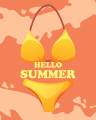 Hello summer.Summer background with yellow swimsuit on the beach background.Summer time,travel time.Vector illustration.