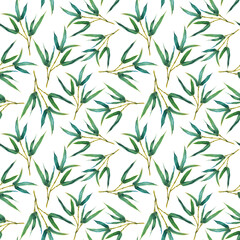 Seamless pattern with green bamboo branches. Hand drawn illustration of green leaves on white isolated background. Design for cards, wrapping paper, wallpaper, textile, fabric, print, cover, banner.