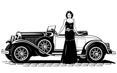 Pretty Girl in Long Dress standing near Vintage Car. Black and white vector illustration isolated on white.
