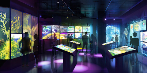 Interactive Museum Exhibition Design Studio Floor: Displaying exhibit concept boards, interactive display prototypes, immersive experience design labs, and designers
