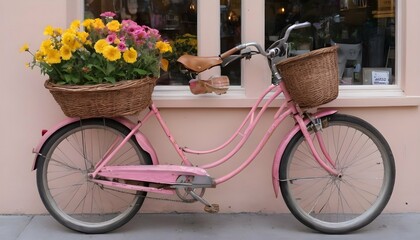 Fototapeta na wymiar A vintage pink bicycle adorned with baskets of vib upscaled 3