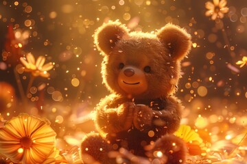 A teddy bear is sitting in a field of flowers, with the sun shining on it
