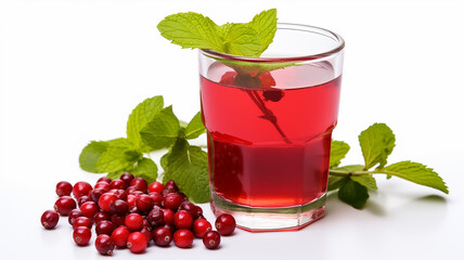 Lingonberry drink with red berries, a glass of cranberry juice on a white background