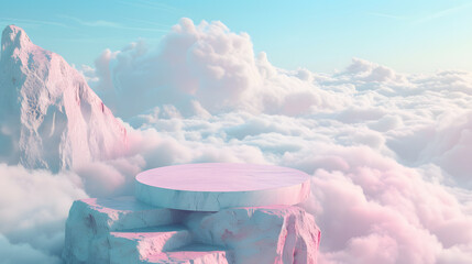 Beautiful natural backdrop for product display with blue sky and pastel clouds background. Summer paradise dreamy concept. Romantic 3d scene.