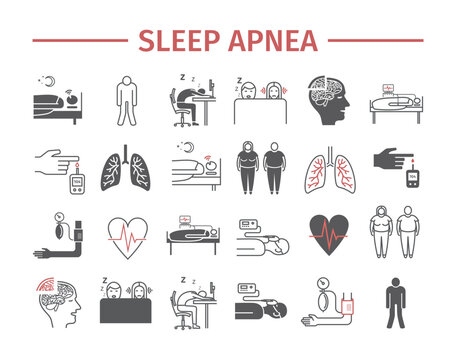 Sleep Apnea. Symptoms, Treatment. Line icons set. Vector signs for web graphics.