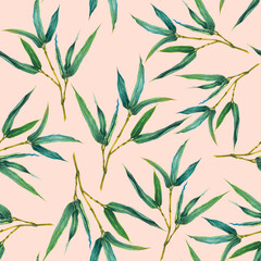 Obraz premium Seamless watercolor pattern on a colored background with green bamboo branches. Hand drawn illustration of ornament. Can be used in print design, for cards, wrapping paper, wallpaper, fabrics, cover