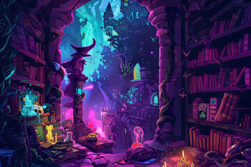 A wizard's lair made with a mystical and atmospheric color palette to convey the magical ambiance