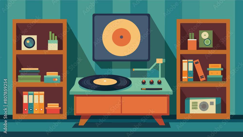 Poster a vintage turntable rests on a nearby shelf used for playing old records and adding unique effects t