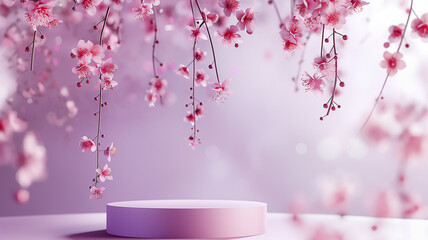 Flamingo Pink Oasis: Sakura Accents Embellishing Podium Against Pinky Abstract Background