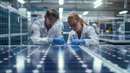 Solar panel manufacturing, workers preparing a solar panel. Checking the quality of finished panels