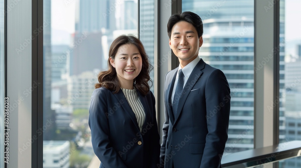 Wall mural a smiling korean male and female office worker in their thirties wearing suits standing side by side