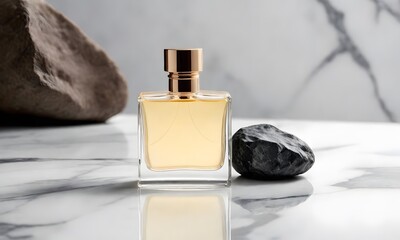 A bottle of perfume that is on a marble table