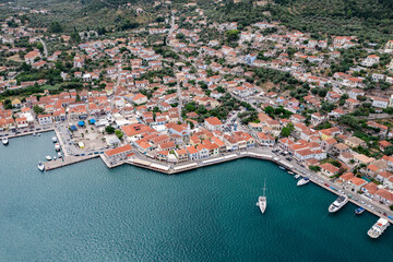 Fototapeta premium Aerial view of Vathi on the island of Ithaca