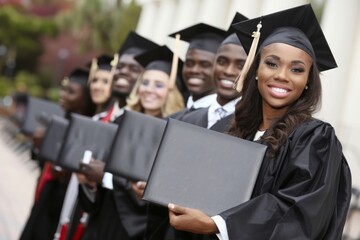 Young American black college graduates holding their diplomas with graduation cap while standing in a row and smiling