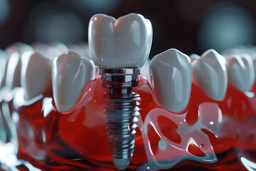 A close-up of a dental implant, illustrating modern dental technology and healthcare practices for tooth replacement and oral rehabilitation.