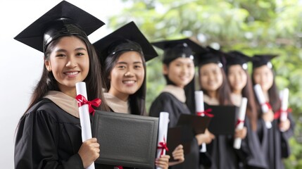 Young Asian college graduates holding their diplomas with graduation cap while standing in a row and smiling