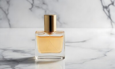 A bottle of perfume that is on a marble table